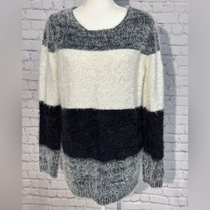 VENUS Fuzzy Striped Sweater - Black, Gray, and White